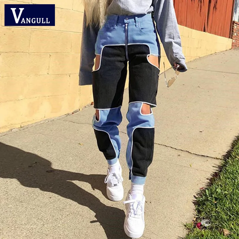 Vangull Harajuku Hip Hop Cargo Pants Women Hollow Out High Waist Trousers Streetwear Patchwork Sweatpants Ladies Joggers 2019 | Женская