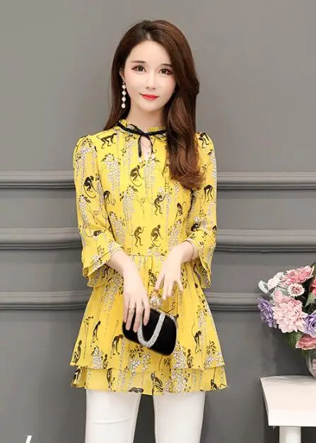Yellow Шифоновые блузки рубашки Дизайн Гофрированные Топы с расклешенными рукавами туника-Пеплум Топы Блузки camisas feminina желтый розовый красный A88 - Цвет: Yellow