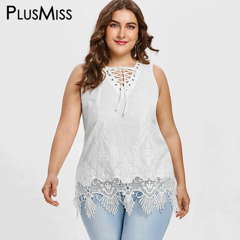 PlusMiss плюс Размеры 5XL на шнуровке белые кружева крючком блузка без рукавов Женская