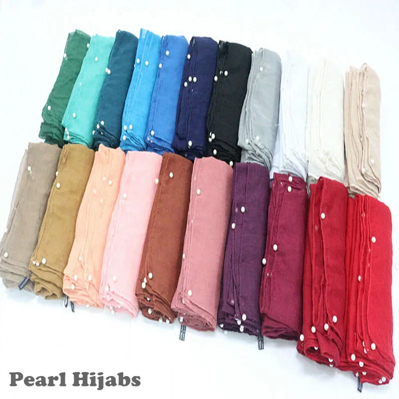 

30 color pearl plain hijab scarf solid muslim headband soft volie scarves shawls pearls oulard bead muffler encharpe