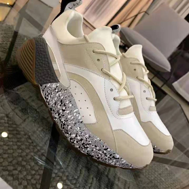 Buono Scarpe/женские кроссовки с радужной шнуровкой; фирменный дизайн; женская обувь на толстой подошве; спортивные кроссовки на танкетке из натуральной кожи - Цвет: beige laces