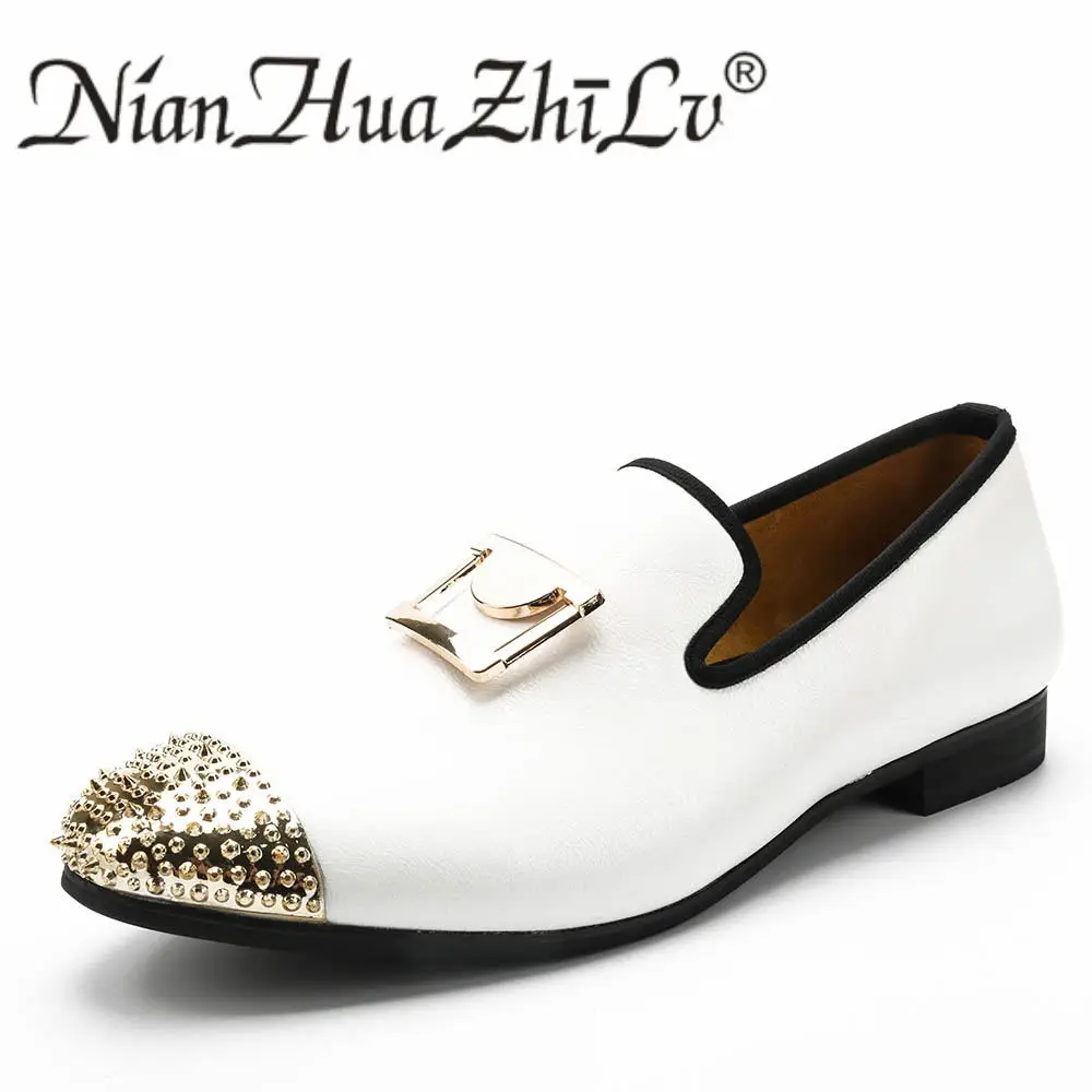 Men's Handmade White Leather Loafers with Gold Buckle - Casual, Fashion, Wedding, and Party Dress Shoes image 2
