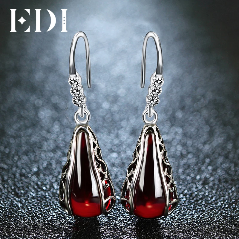 Женские серьги подвески из серебра 925 пробы с красным гранатом|jewelry silver earrings|jewelry