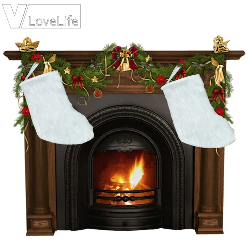 Рождественский чулок Белый плюшевый карамельный мешок камин новогодний