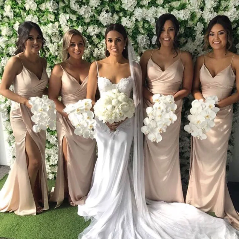 Шампанское Vestido De Festa Longo Платье футляр для подружки невесты с разрезом длиной до