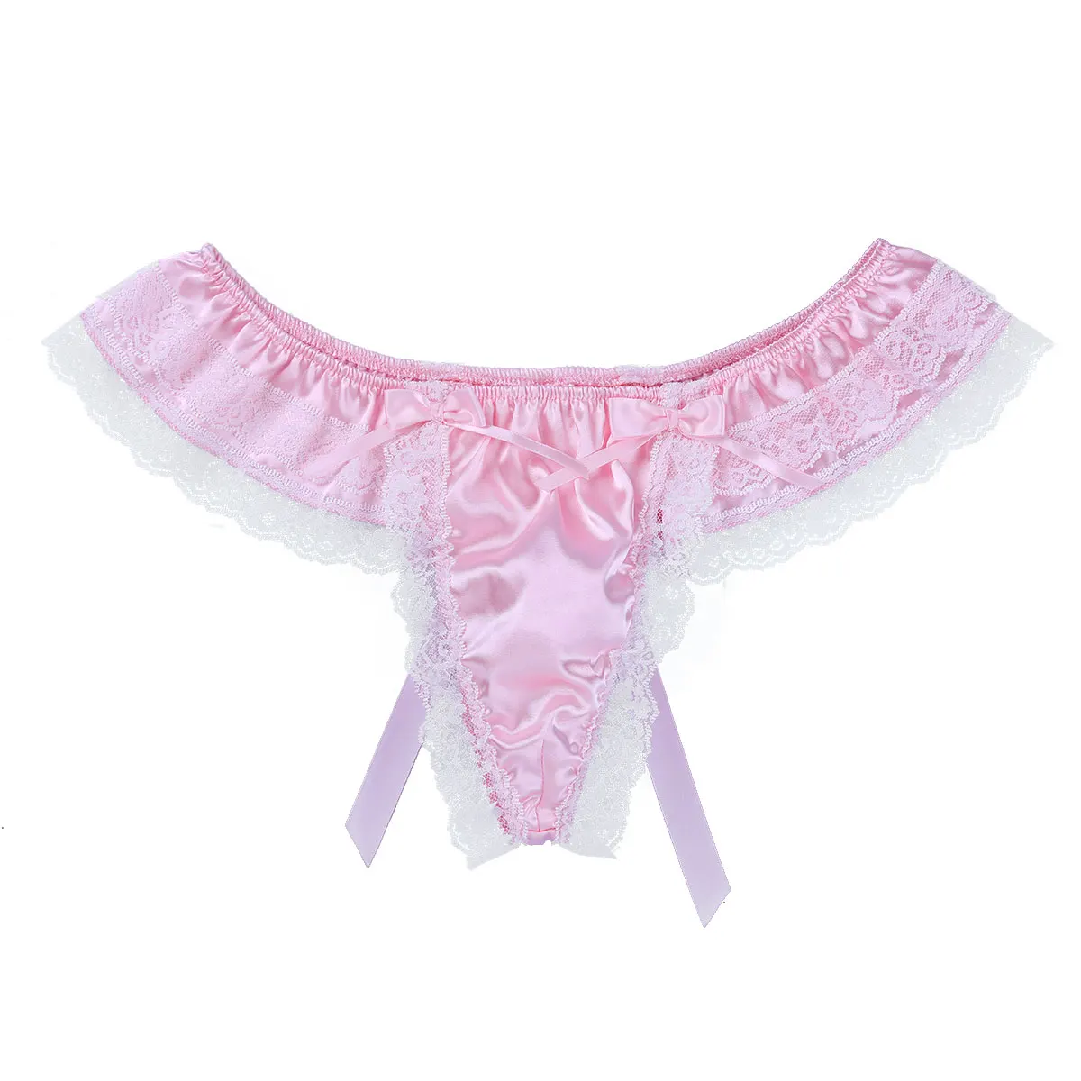 Mens Sissy Underwear Shiny Satin Lingerie Double Layers Floral Lace Panties Back with Big Bowknot Low Rise Thong | Тематическая