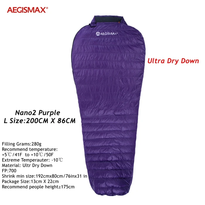 Nano Purple L Aegismax ультра сухой белый гусиный пух спальные мешки сплайсинга Мумия Сверхлегкий походный кемпинг 700 FP мини 2 водоотталкивающий пух - Цвет: Nano Purple L