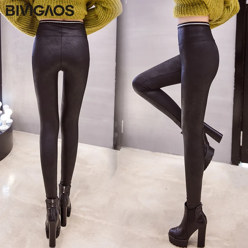 BIVIGAOS Новинка готические леггинсы из искусственной кожи с высокой талией женские