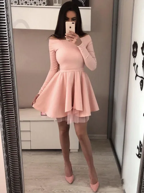 peach Дизайн с открытыми плечами короткое красное платье для выпускного вечера vestido de formatura с длинным рукавом черные платья на выпускной, вечер встречи выпускников - Цвет: peach