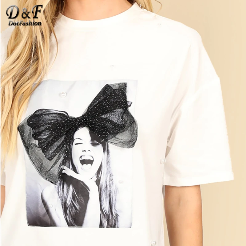 Dotfashion белый Рисунок сетка бант украшенный Топ для женщин Летняя Повседневная футболка уличная мода короткий рукав тройник