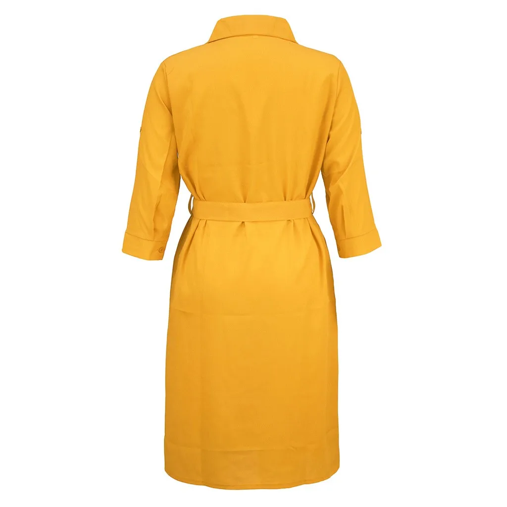 Summer Dress Women Fashion Casual Solid Color Pockets Button Turn-down Collar Three Quarter Sleeve Knee Length Vestidos OY41