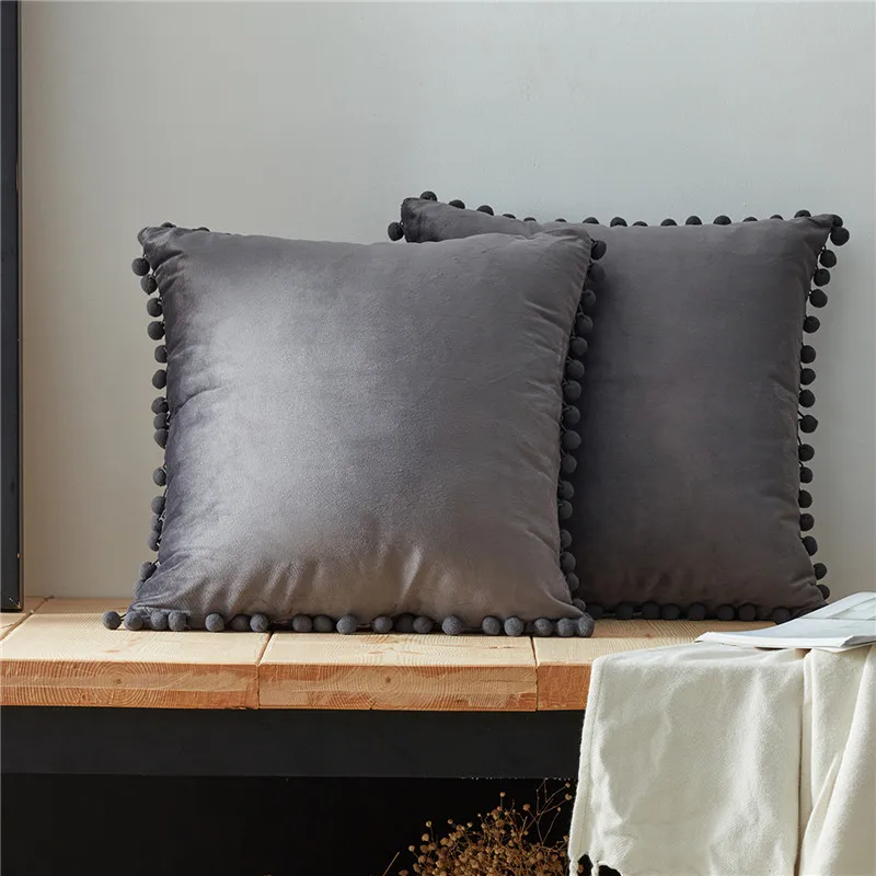 Dark Grey-Set of 2 Topfinel мягкое бархатное покрытие для подушки, наволочка для подушки, роскошные квадратные декоративные подушки с шариками для дивана, кровати, автомобиля, подушки для дома - Цвет: Dark Grey-Set of 2