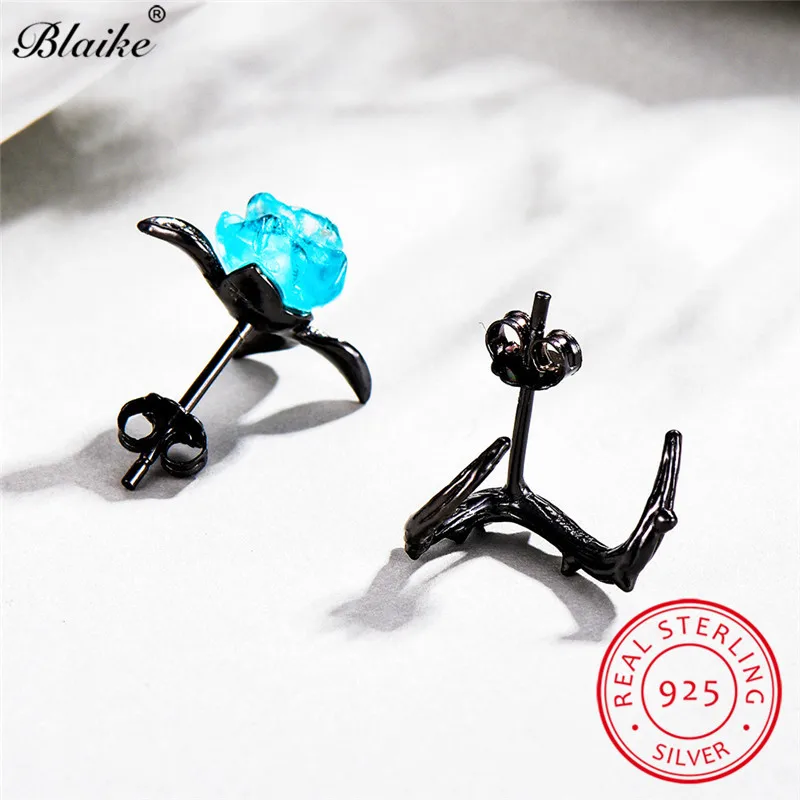 Женские серьги гвоздики с голубым цветком розы Blaike двойные из стерлингового