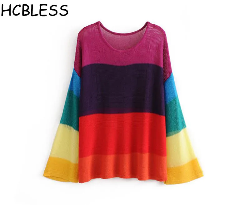 HCBLESS 2018 осень женская новая в широкую полоску контрастного цвета сетки свитер