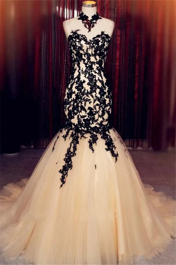 

Champagne Prom Dresses Mermaid High Collar Tulle Appliques Lace Party Maxys Long Prom Gown Evening Dresses Robe De Soiree