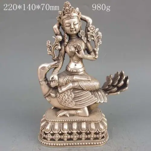 

Tibet Buddhism silver 4 Arms Chenrezig Buddha Kwan-Yin Tara Ride Duck buddha Statue metal handicraft