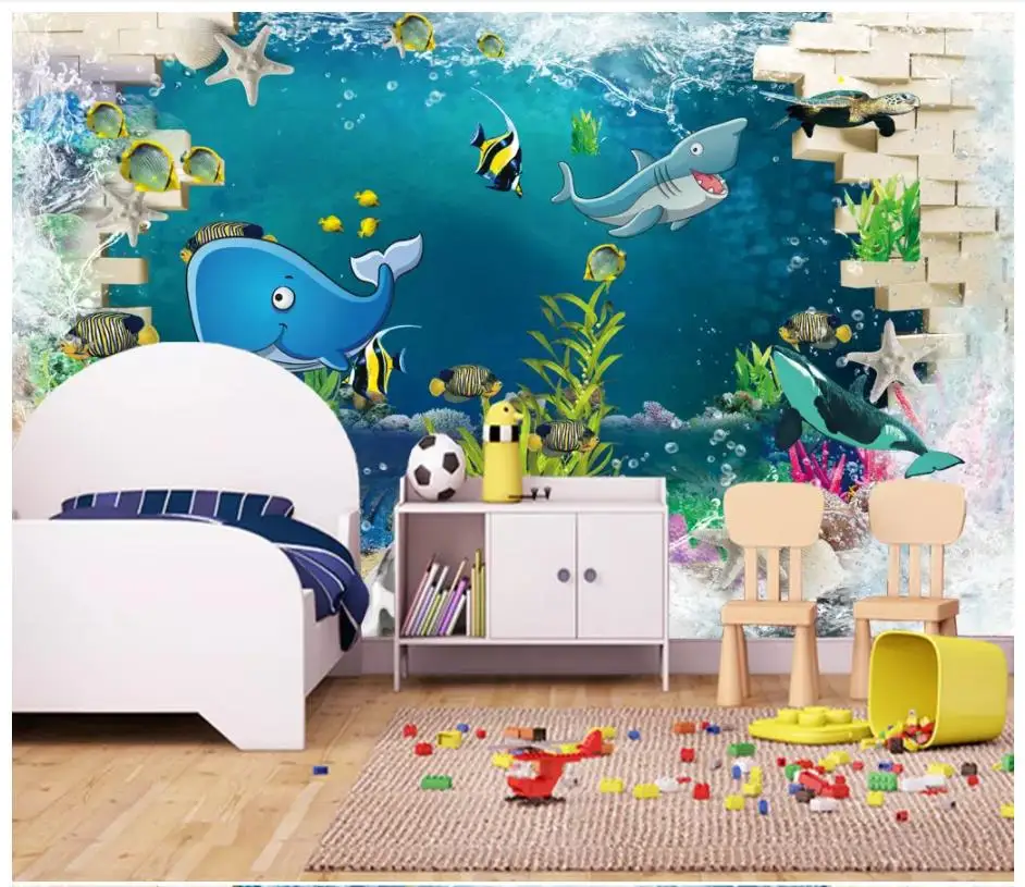 

Пользовательские фото обои для стен 3 d настенные фрески обои 3d детская комната акула мультфильм Настенный декор "Подводный мир"