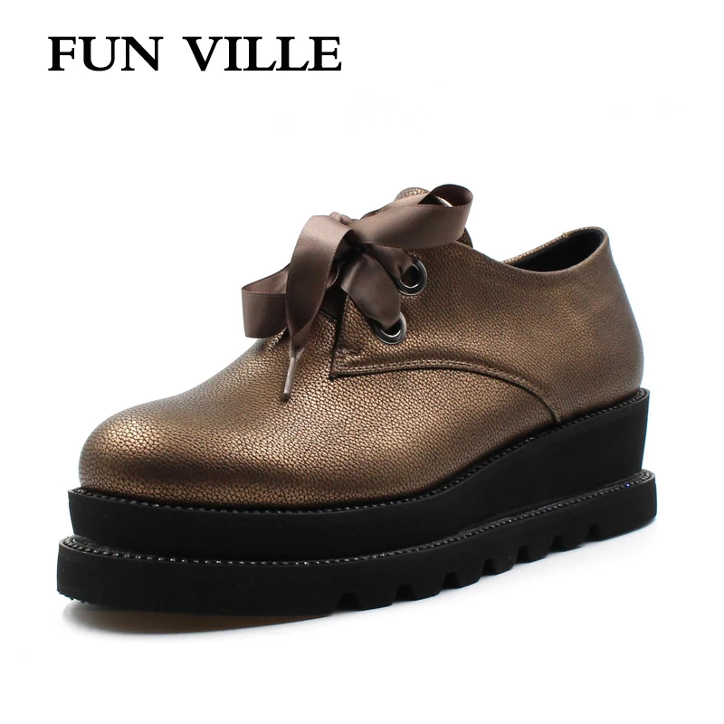 Женские туфли на плоской платформе FUN VILLE коричневые повседневные с круглым
