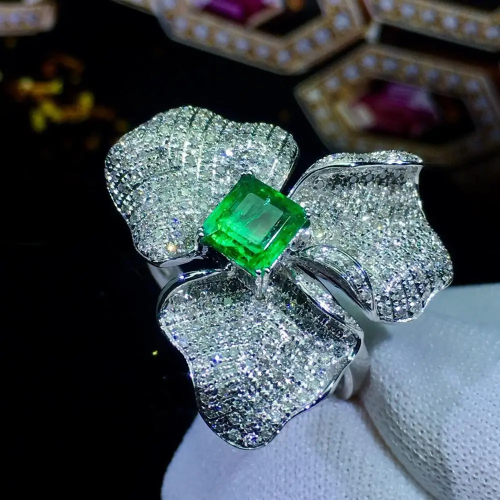 Изумрудное кольцо, хорошее ювелирное изделие, 18 K золото, настоящее яркое зелёный Изумрудный камень, 0.86ct бриллианты, женские обручальные кольца