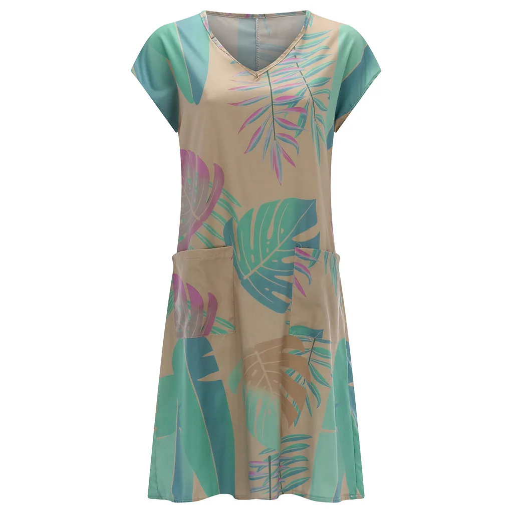 Dress Vestidos Dress Women Sukienki Vestido Short Sleeve V Neck Casual Pocket Printed Tunic Dress Knee Holiday 5xDress платье Z4