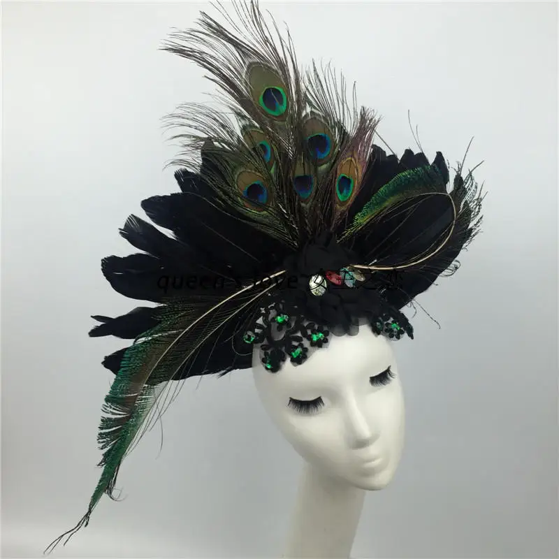 Головной убор павлина с перьями и Т-образным подиумом для выступлений макияж