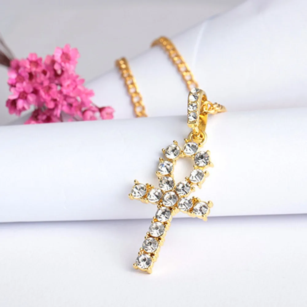 Ожерелье с подвеской Iced Out Ankh Key Женская цепочка в стиле хип хоп золотого цвета