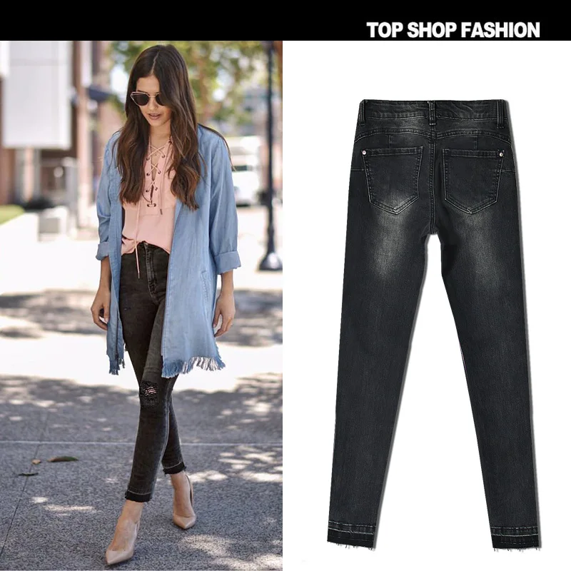 Эластичные рваные хлопковые весенние модные джинсы карандаш Suvance с дырками