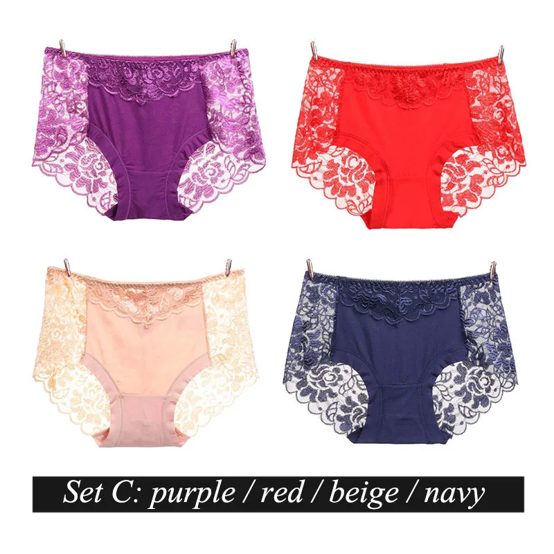set C BllooBeell, 4 шт., женское кружевное белье трусики, одноцветные сексуальные кружевные трусы для женщин, выдалбливают, средняя посадка, модальное белье, большой размер XXXL - Цвет: set C