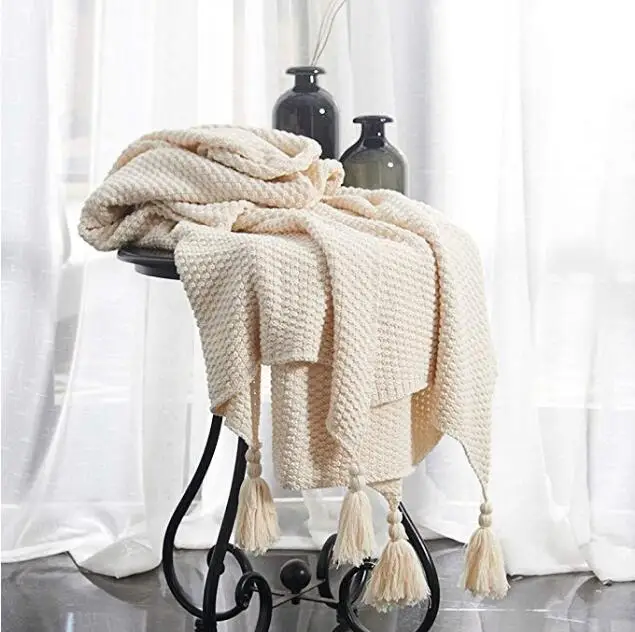 Mantas de punto 100% algod&oacute;n para sof&aacute;, cama, m&uacute;ltiples usos, borlas especiales, ligero, color crema, cuatro Se-1