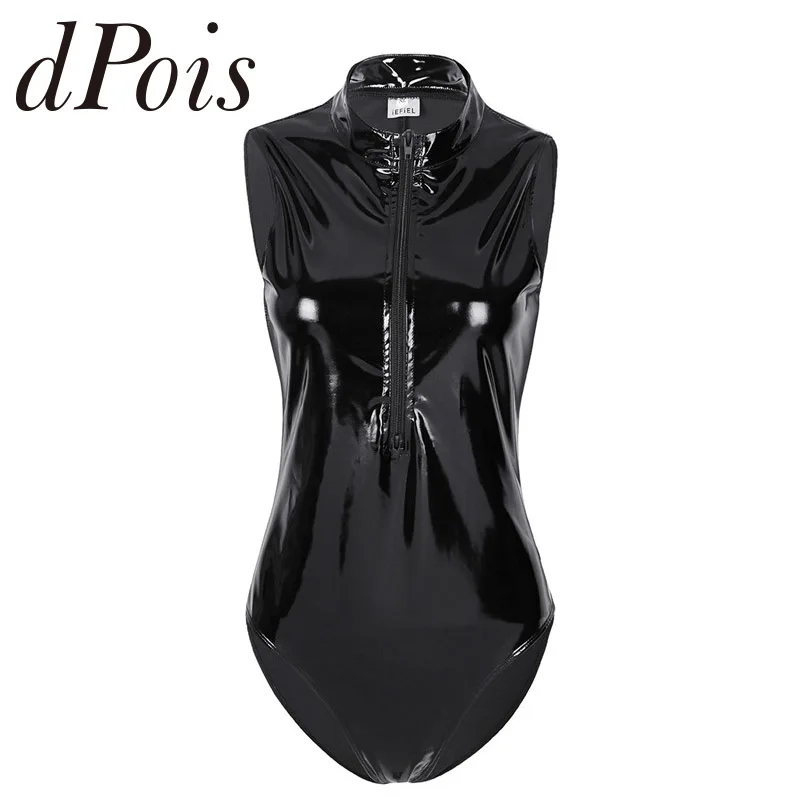 Женский купальник из лакированной кожи с высоким вырезом на молнии слитный без