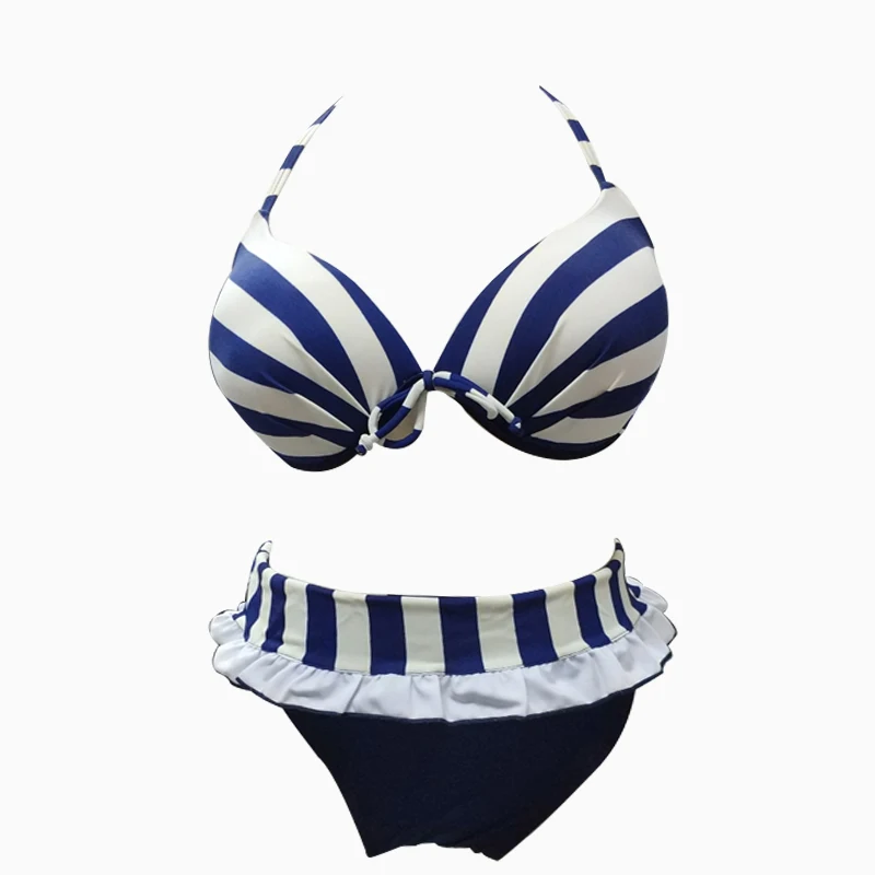 2019 new navy version striped three-piece swimsuit with skirt can be ordered plus fertilizer to increase the size |