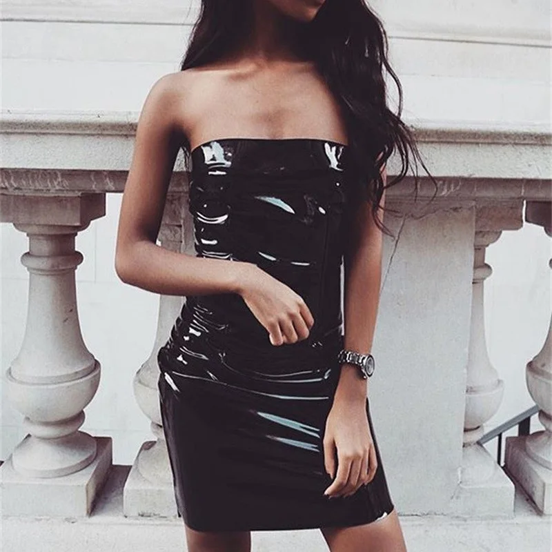 Женское платье труба блестящее кожаное Клубное летнее Красное Облегающее без