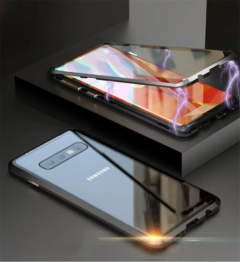 Для samsung Galaxy S10 плюс Магнитный чехол 360 для фронтального экрана+ задней панели двухсторонние с уровнем твердости 9H закаленное Стекло чехол для samsung S10E металлический бампер S10 - Цвет: Black-Black