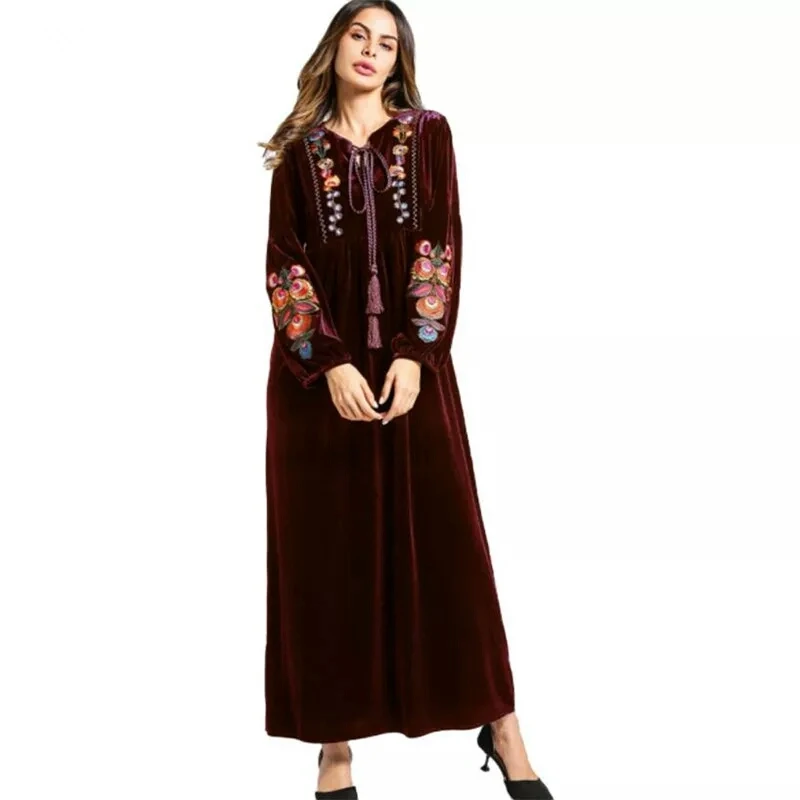 Повседневное длинное бордовое женское платье Abaya весна/осень вельветовое