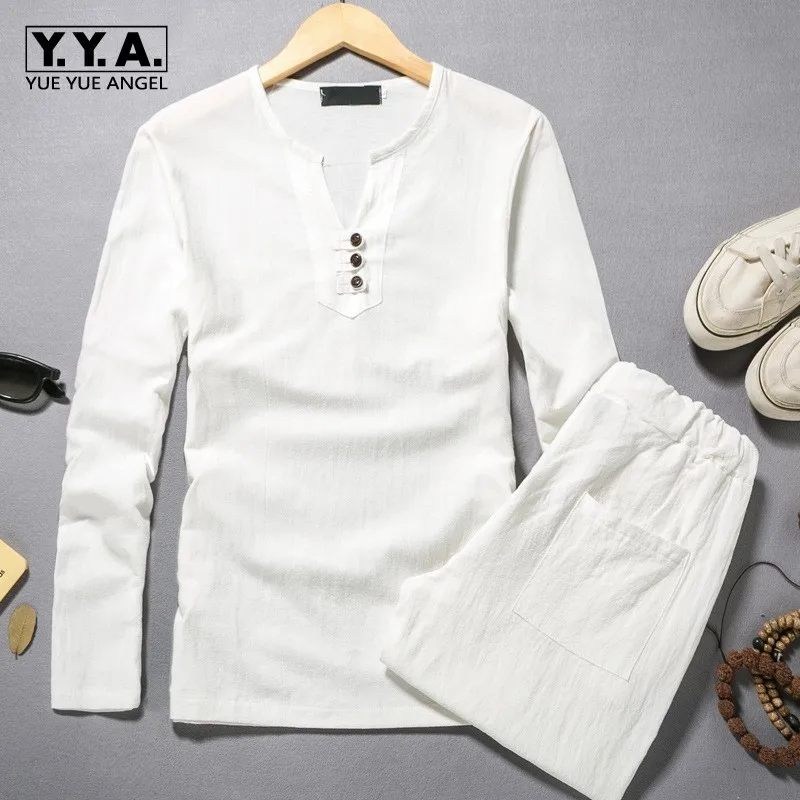 

Spring Hot Sale Long Sleeve V Neck Cotton Linen Men Sets Tow Piece Sets Fashion White Color Loose Plus Size M-5XL Clothing
