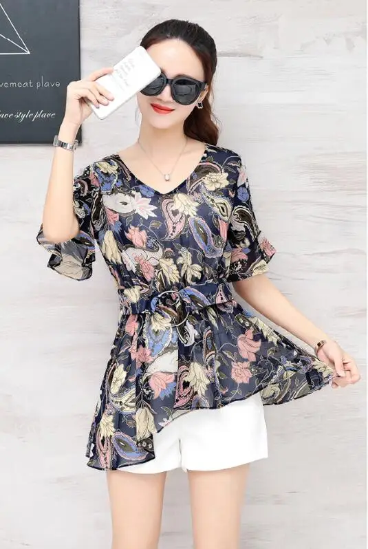 Синий Женские шифоновые топы с цветочным принтом, большие размеры, Blusas, летние стильные блузки, модные женские рубашки с v-образным вырезом и коротким рукавом, F0217 - Цвет: Синий