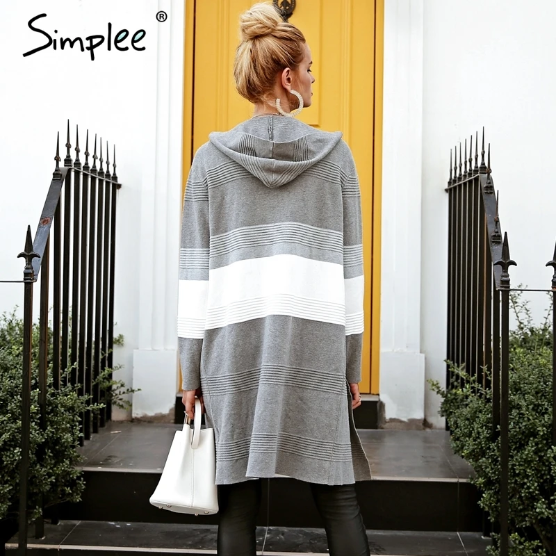 Simplee с капюшоном зима вязаный свитер кардиган женский лоскутное длинный на