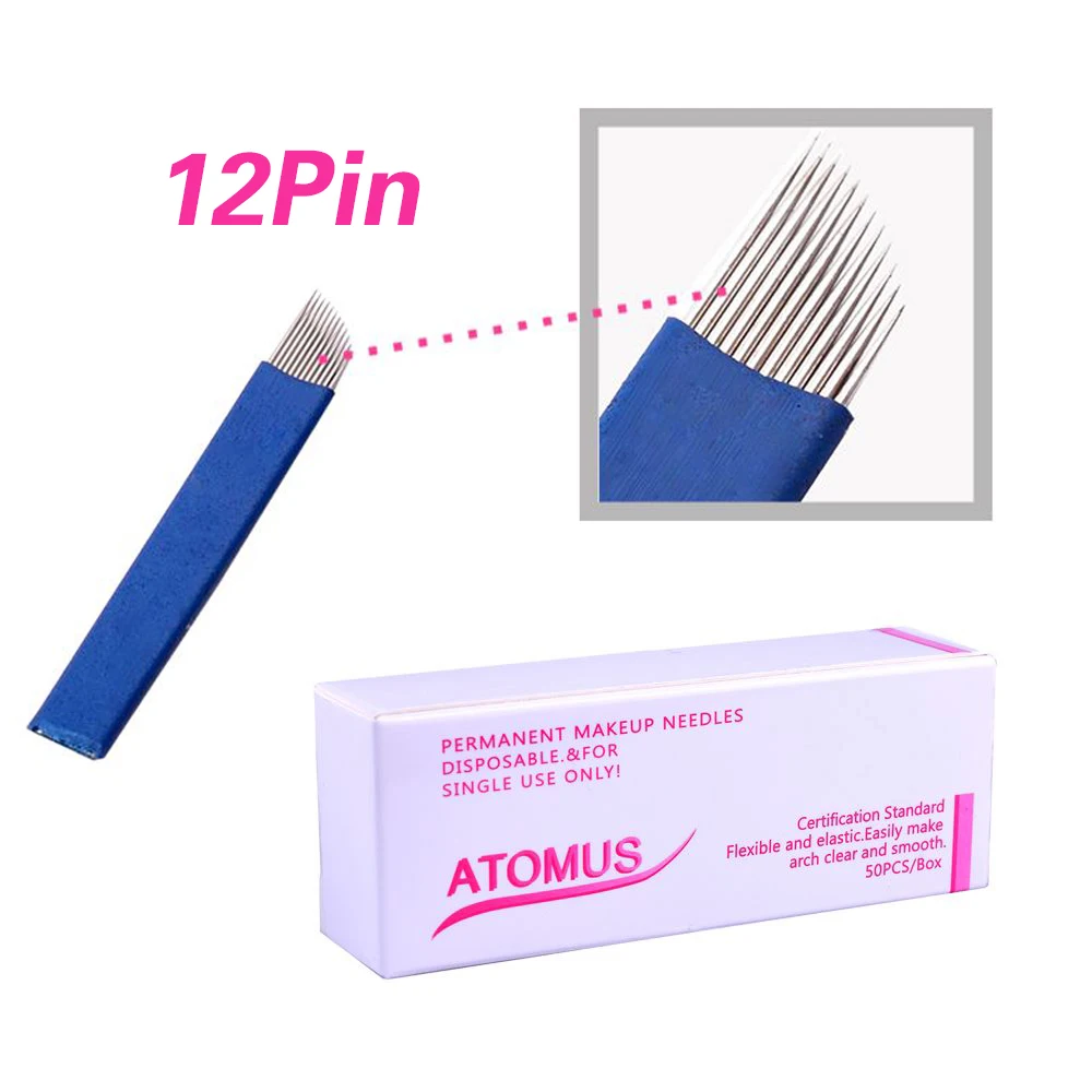 ATOMUS Blue 12 14 Pin перманентное лезвие для татуировки бровей 3D вышивки микроблейдинг