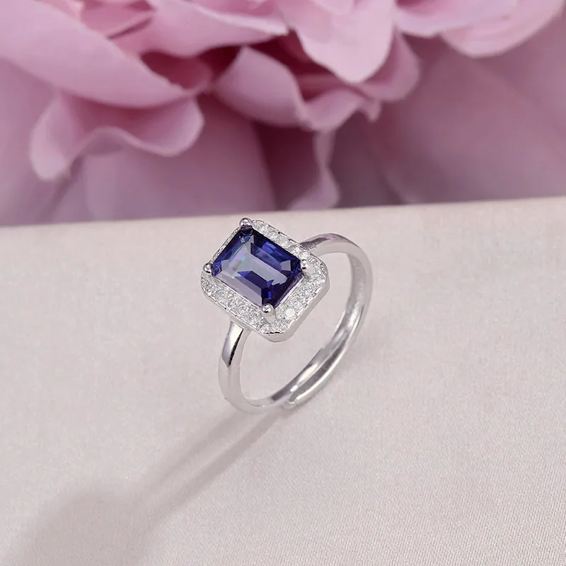 

Rings For Women Fine Jewelry Solid S925 Silver 8*6mm Tanzanite Natural Blue Rectangle Gemstone Adjustable Ring Bijoux R-TA001