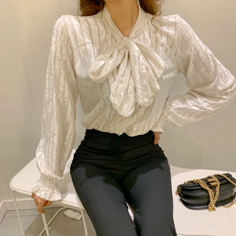 Женская блузка с длинным рукавом винтажная Свободная бантом и воротником весна