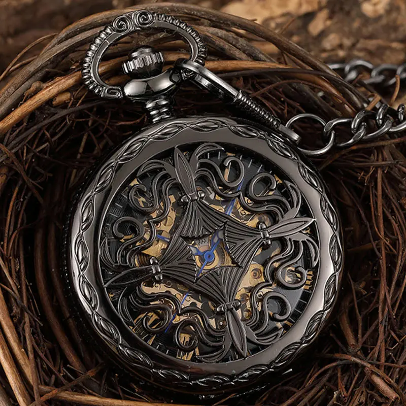 

Vintage Black Hand Watch Hollow Carved Steampunk Skeleton Mechanical Pocket Watch Men Retro Pendant Clock With Chain Unisex Gift