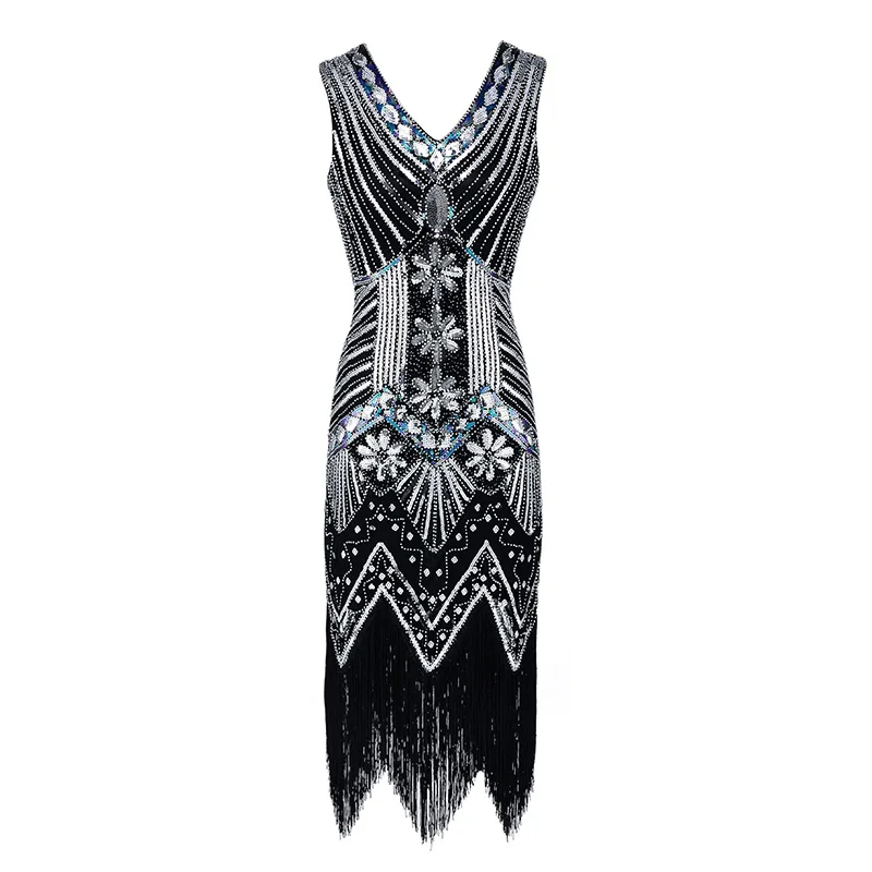 Женское платье для вечеринки, Robe Femme 1920s Great Gatsby, платье миди с блестками и бахромой, летнее платье, Ретро стиль, женское вечернее платье - Цвет: Black silver