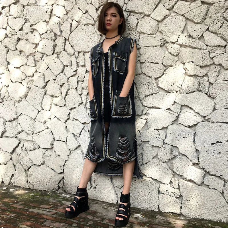 Женский джинсовый жилет с большими отверстиями Свободный Длинный лето 2019|denim vest