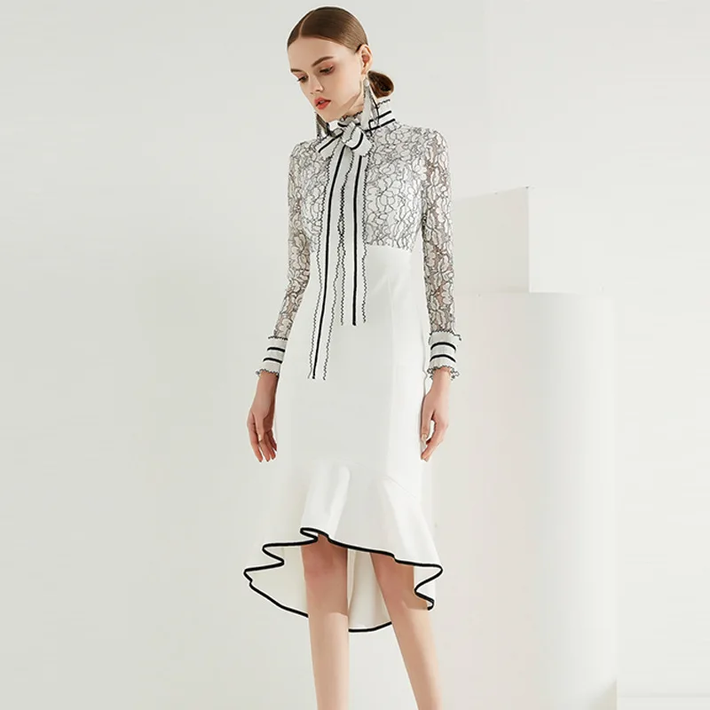 WREEIMA 2018 Spring Summer Women's Fashion Slim Lace Patchwork Long Sleeve Elegant Dress Ladies Hollow Out Sashes MN703 | Женская