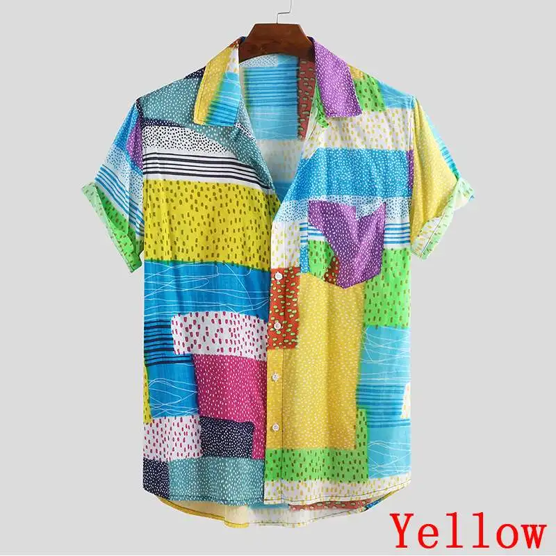 Yellow Shirt Летняя разноцветная рубашка с принтом для мужчин, стиль, уличная блуза на пуговицах с отворотом, с коротким рукавом, Гавайские рубашки для отдыха, для мужчин - Цвет: Yellow Shirt