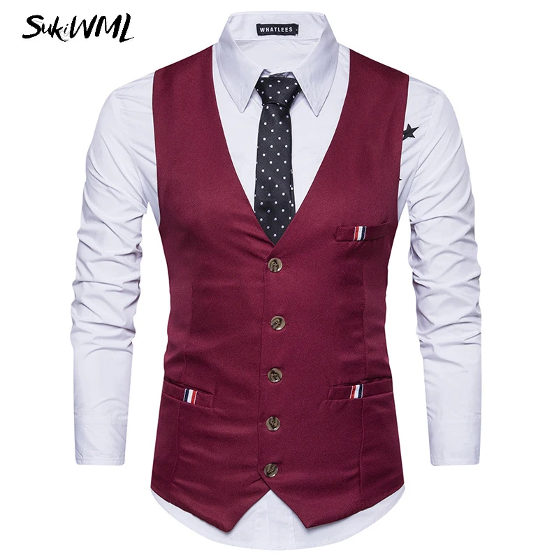 SUKIWML 2017 Новый роскошный брендовый мужской жилет классический однотонный Homme Gilet De