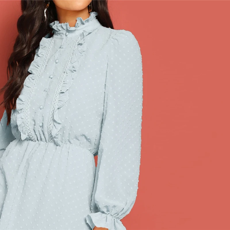 SHEIN Платье С Кружевом И Складкой Женское Голубое Весеннее Элегантное Платье С Длинными Рукавами И Пуговицами
