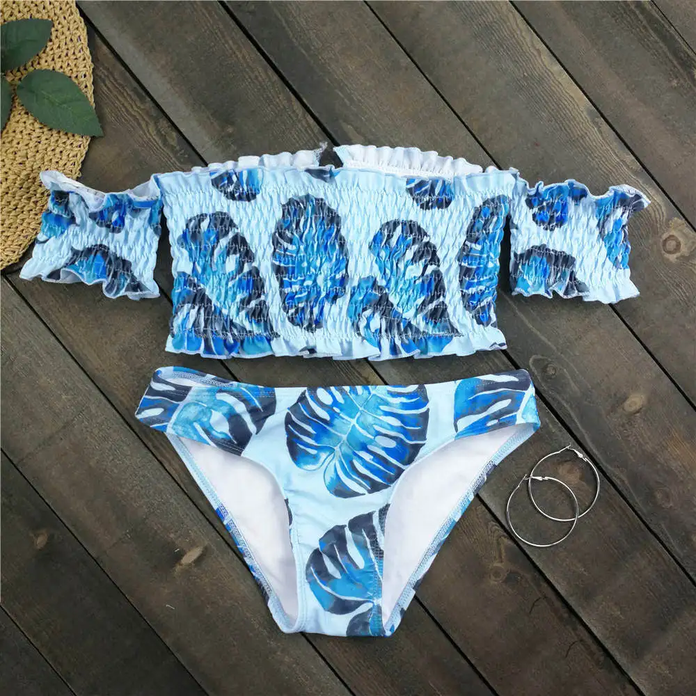 Off Shoulder Bikini Women Leaf Print Swimwear Pleated Biquini Brazilian Bikinis Push Up Swimsuit Bathing Suit Bandage Beachwear |