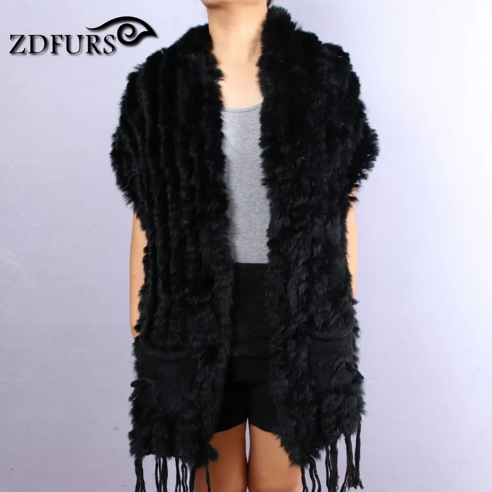 ZDFURS* Лидер продаж, модная шаль из кроличьего меха, вязаный жилет из кроличьего меха с карманом, свитер из кроличьего меха, жилет, пончо, ZDKR-165004 - Цвет: black