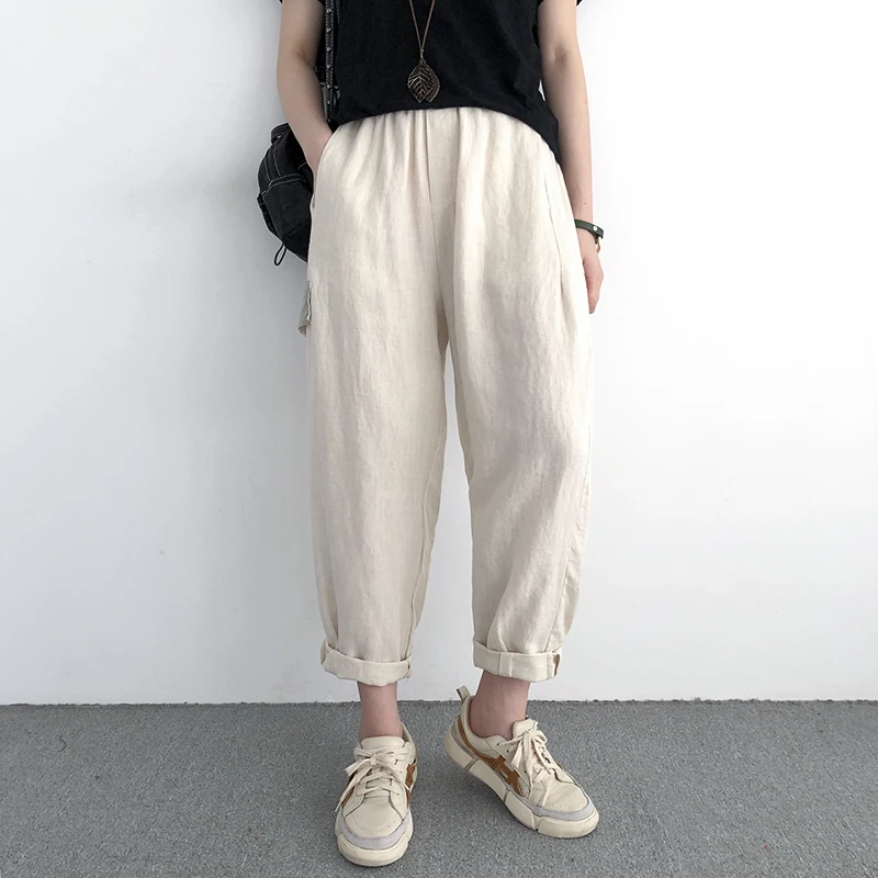 Женские хлопковые льняные брюки 2019 летние большие размеры длиной до щиколотки